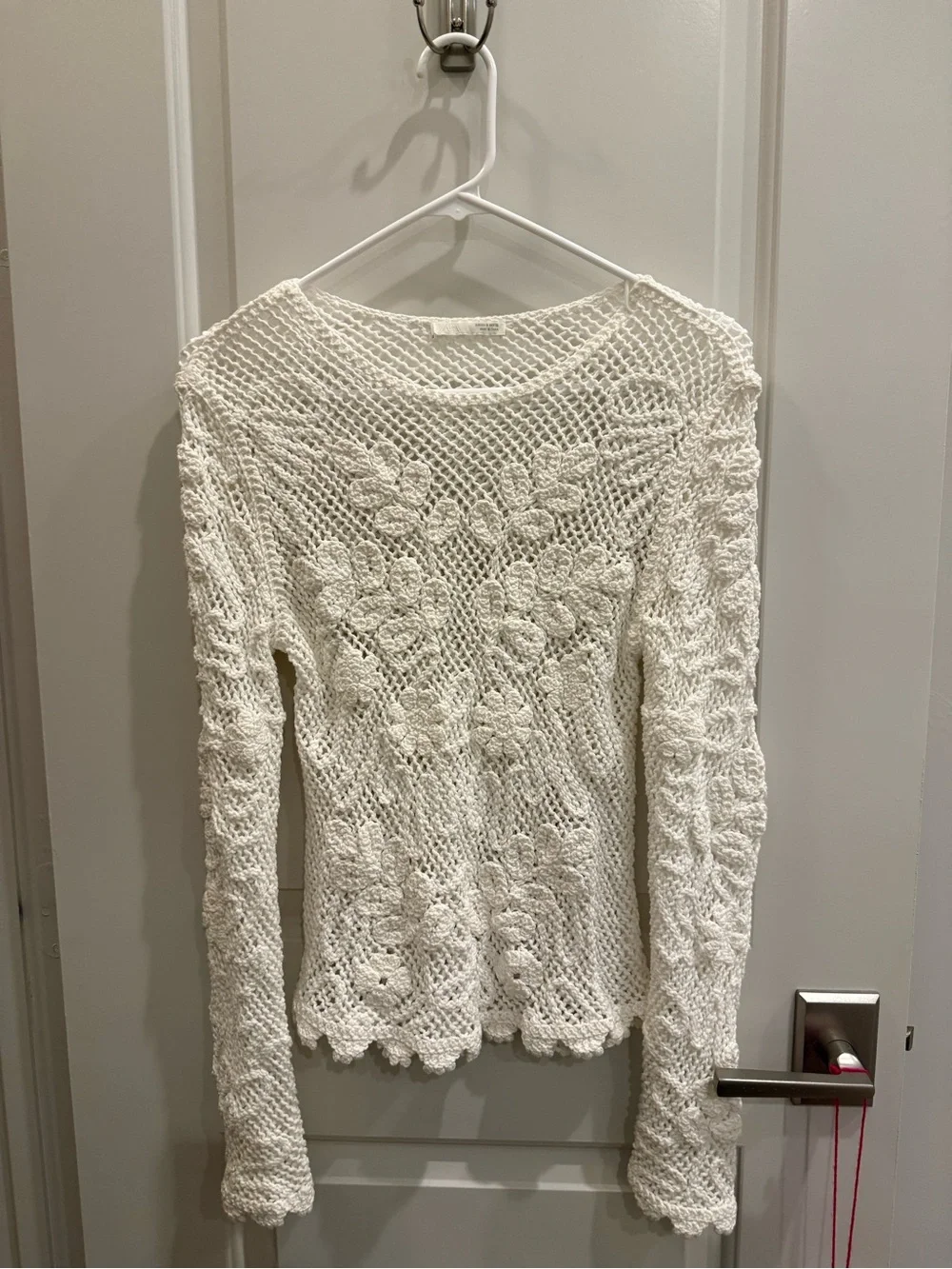 Zara Cream Crochet Knit Long-Sleeve Top